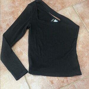 Divided Black Ribbed One-Shoulder Bodysuit